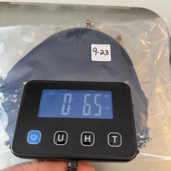 Vintage Navy Blue Satin Beaded Fringe Evening Bag Iridescent Oil Slick Kiss Lock - Picture 9 of 11